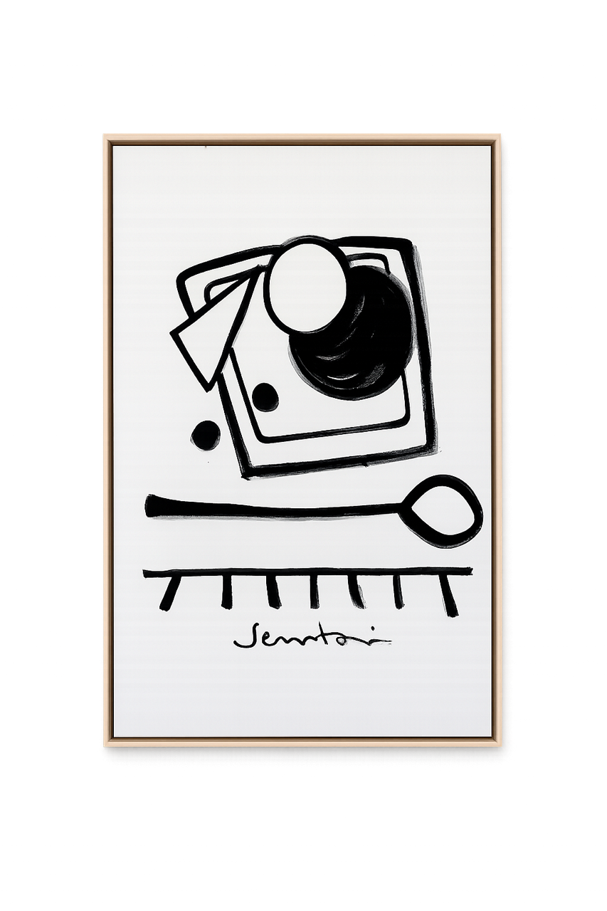 Framed black and white abstract art print on a white background