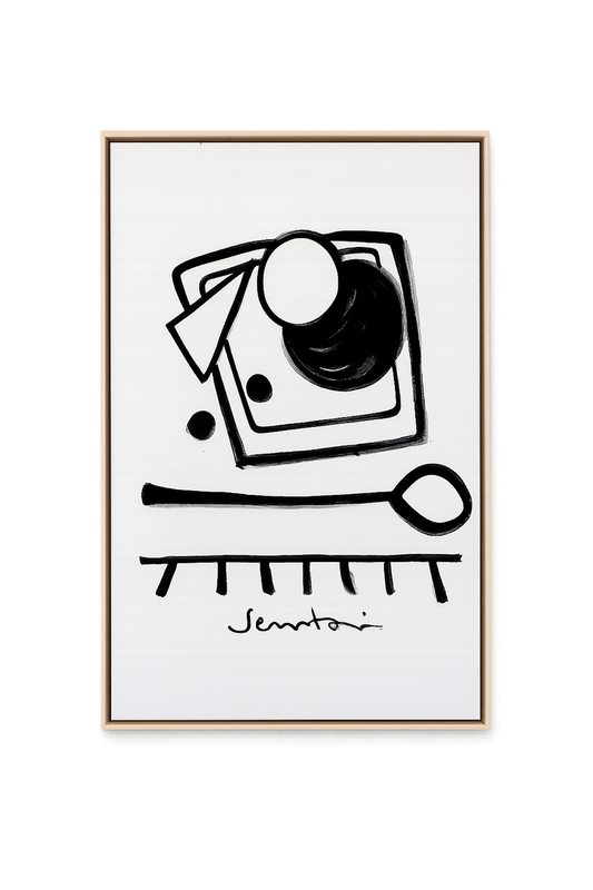 Framed black and white abstract art print on a white background