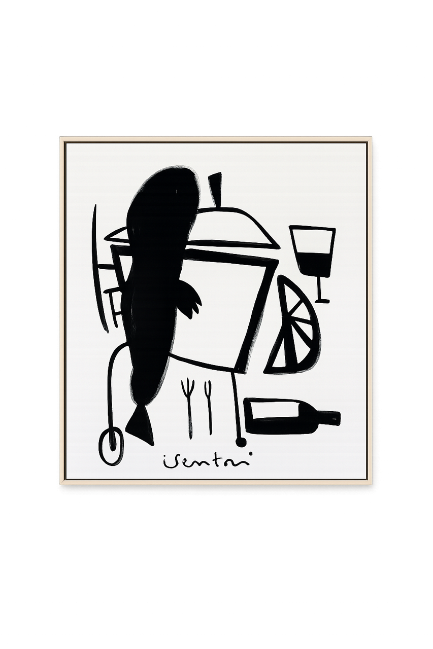 Framed black and white abstract artwork with a fish and kitchen items on a white background