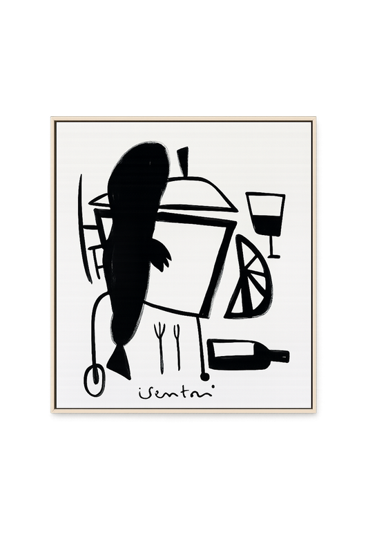 Framed black and white abstract artwork with a fish and kitchen items on a white background