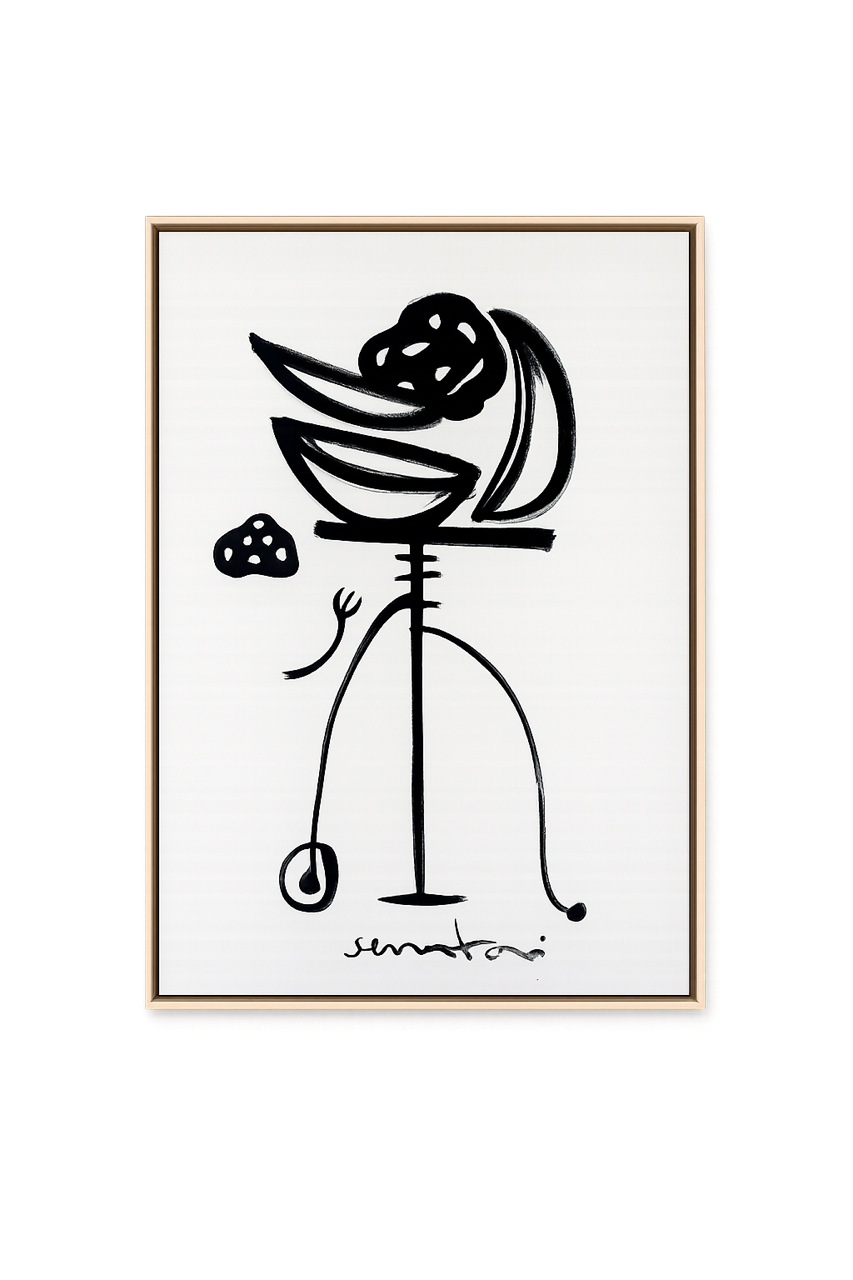 Framed black and white artwork of a stylized figure with abstract elements on a white background