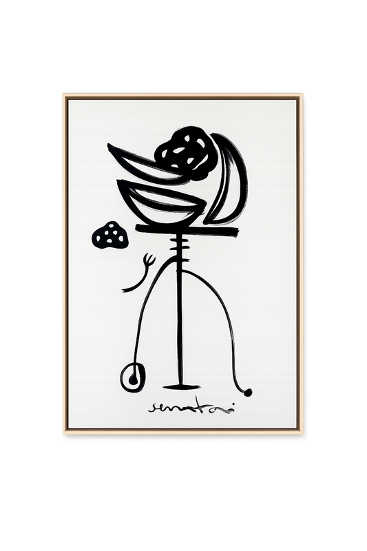 Framed black and white artwork of a stylized figure with abstract elements on a white background