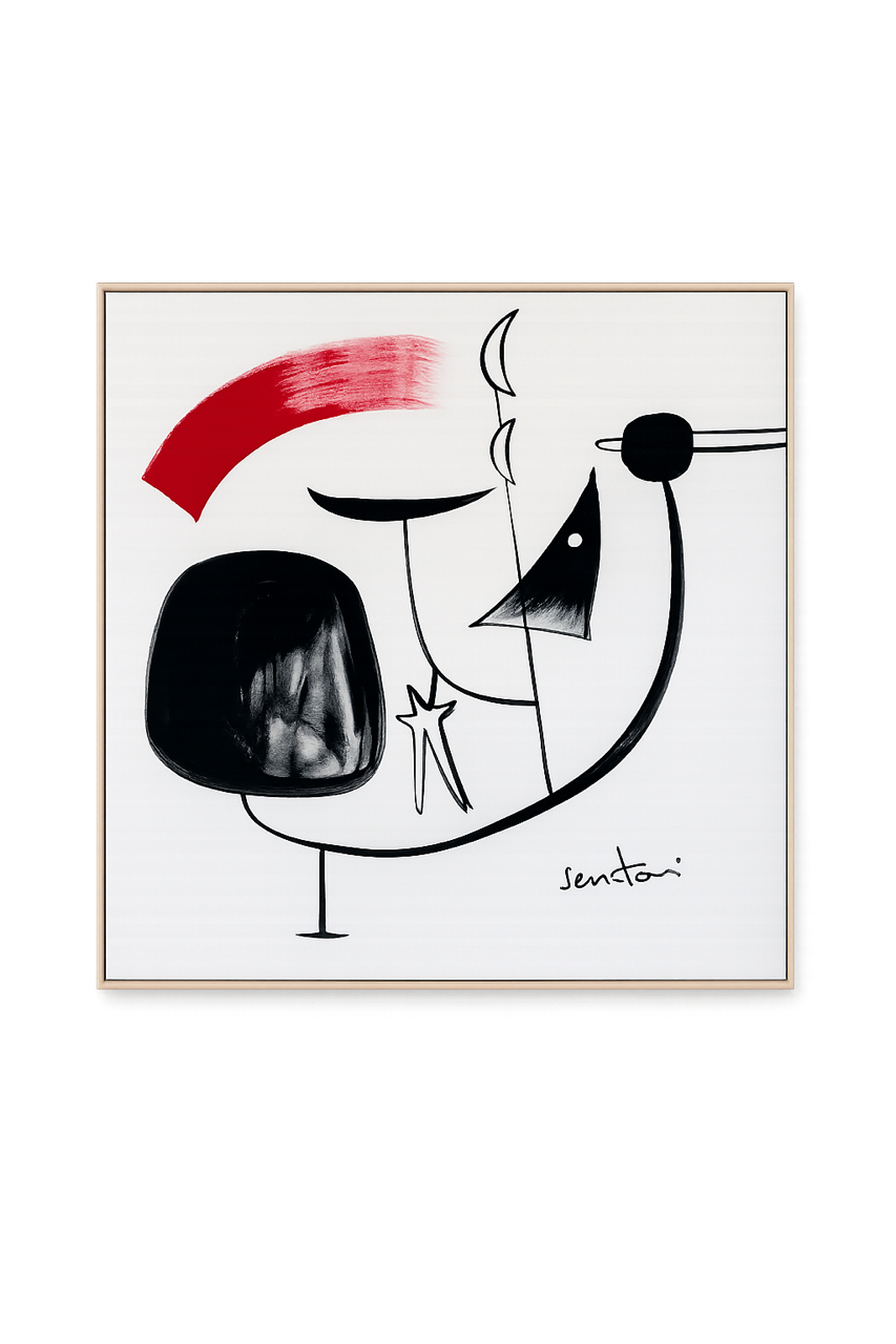 Framed abstract artwork with black, red, and white elements on a white background