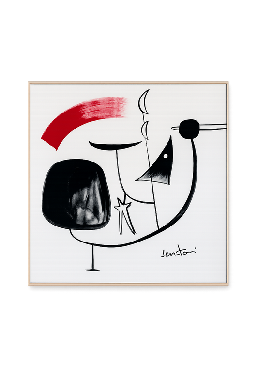 Framed abstract artwork with black, red, and white elements on a white background