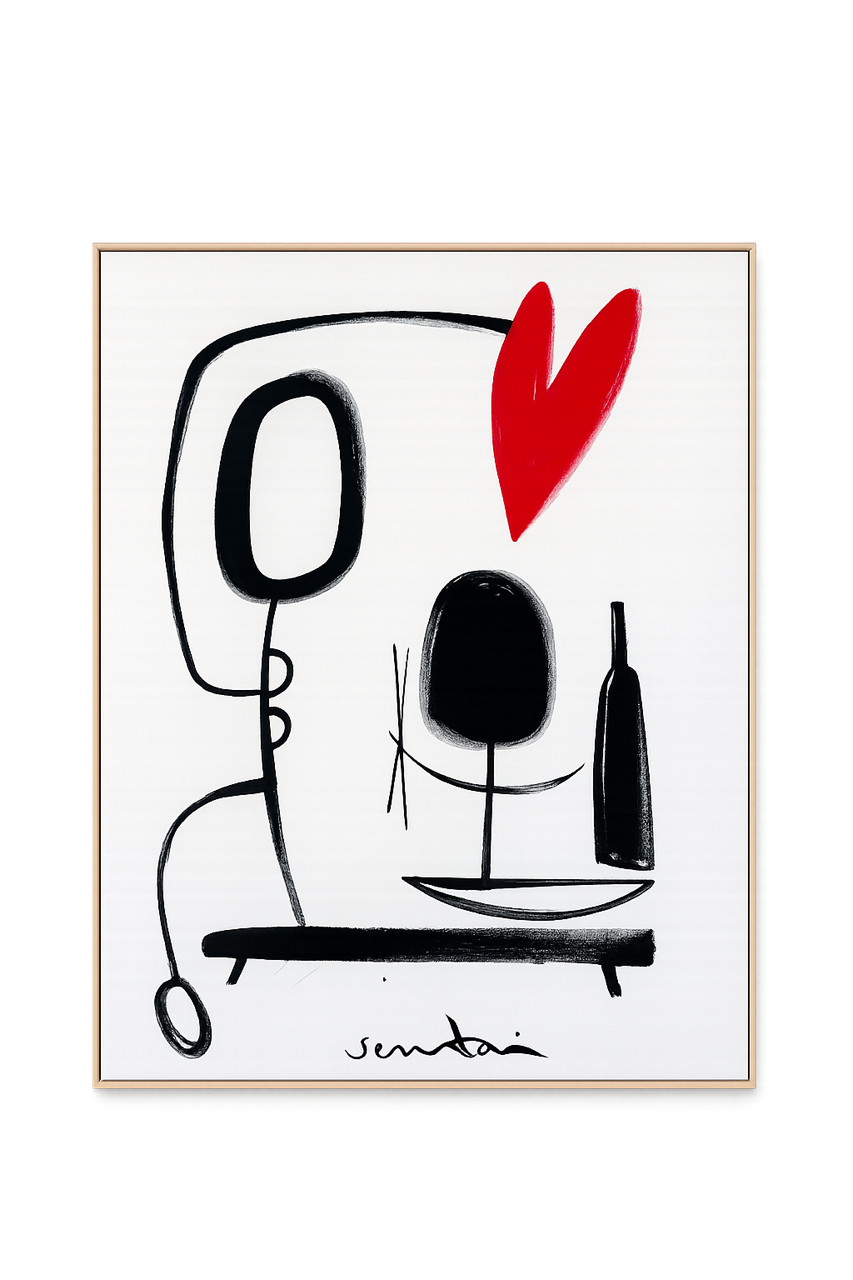 Framed artwork with abstract design featuring a red heart, black shapes, and a bottle on a white background.