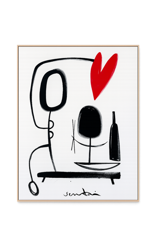 Framed artwork with abstract design featuring a red heart, black shapes, and a bottle on a white background.