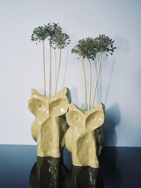 Two beige ceramic vases shaped like animal heads with plants on a reflective surface.