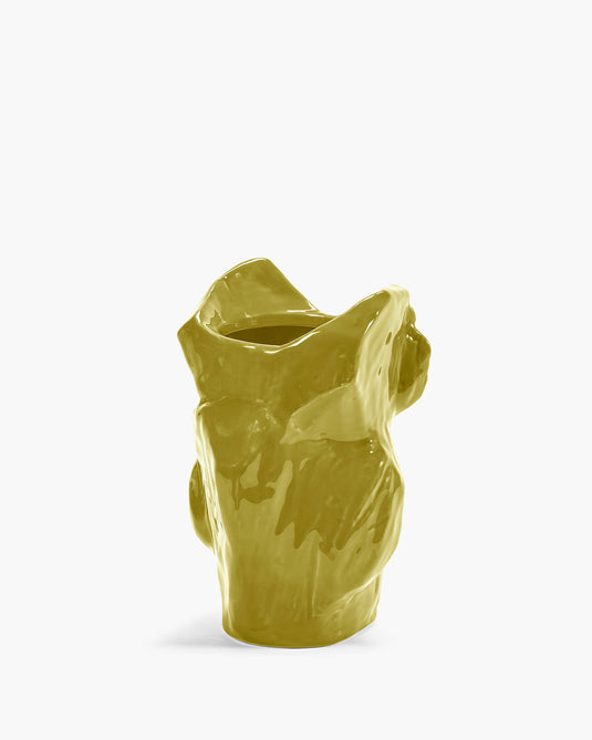 Yellow ceramic vase with a unique design on a white background
