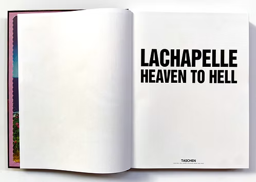 Open book with 'Lachapelle Heaven to Hell' text on a white background