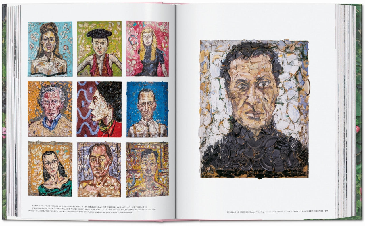Open book displaying a mosaic art piece of a face with smaller portraits on a white background.