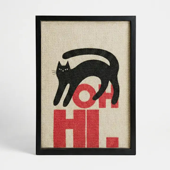 framed wall scratcher with oh hi text and black cat