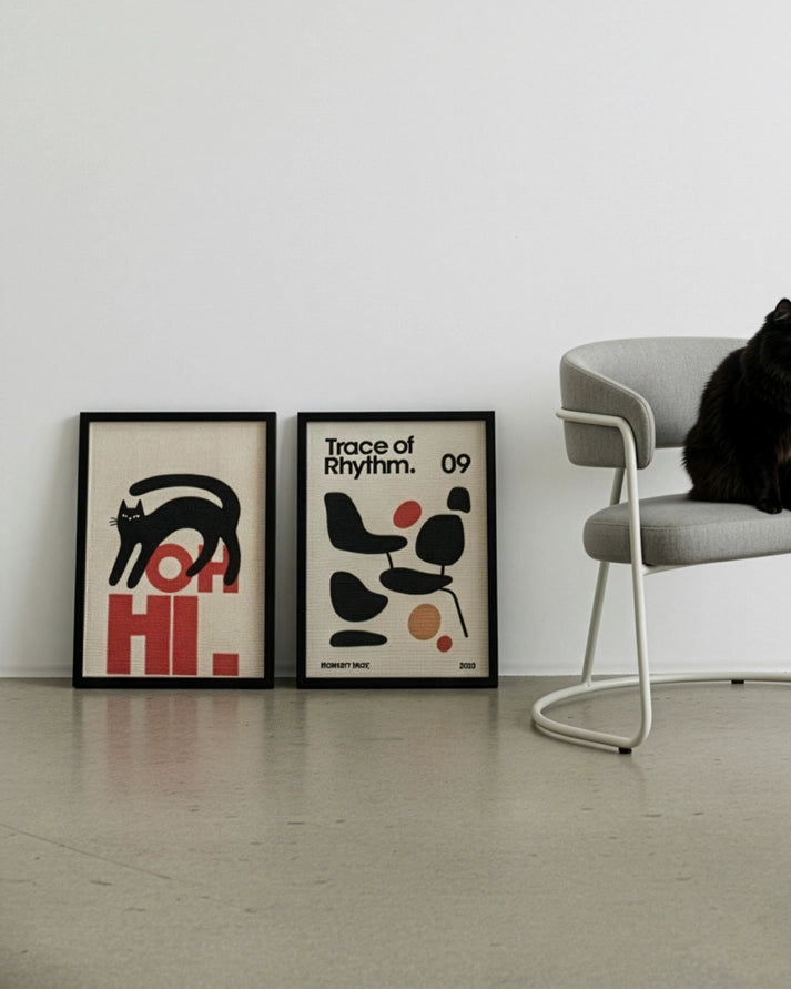 two framed cat wall scratchers against all with chair