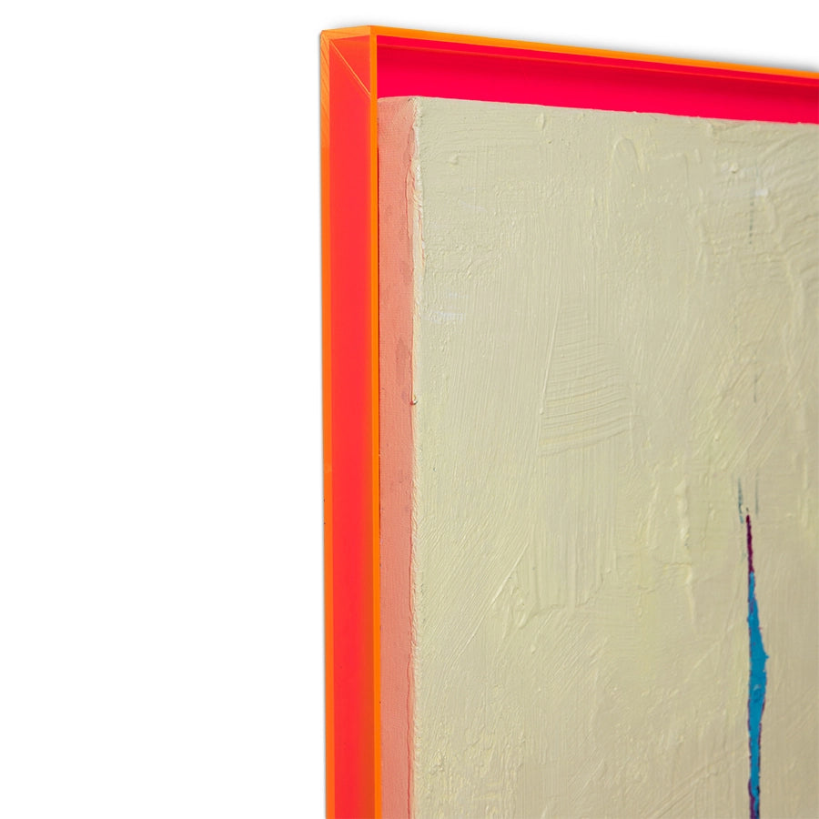 detail of abstract painting on canvas with neon acrylic frame