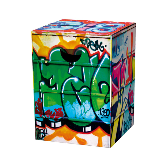 cardboard side table or sitting stool with graffiti design