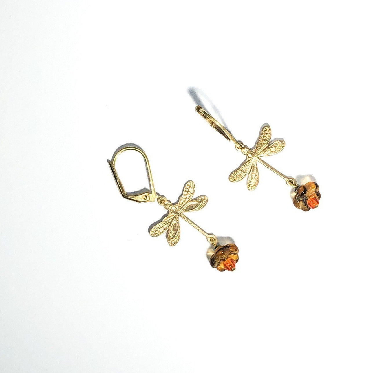 brass dragonfly earhangers with tangerine colored stone
