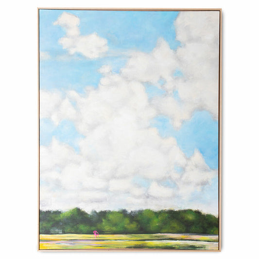 large painting of blue sky with large clouds and a green field with a pink chair