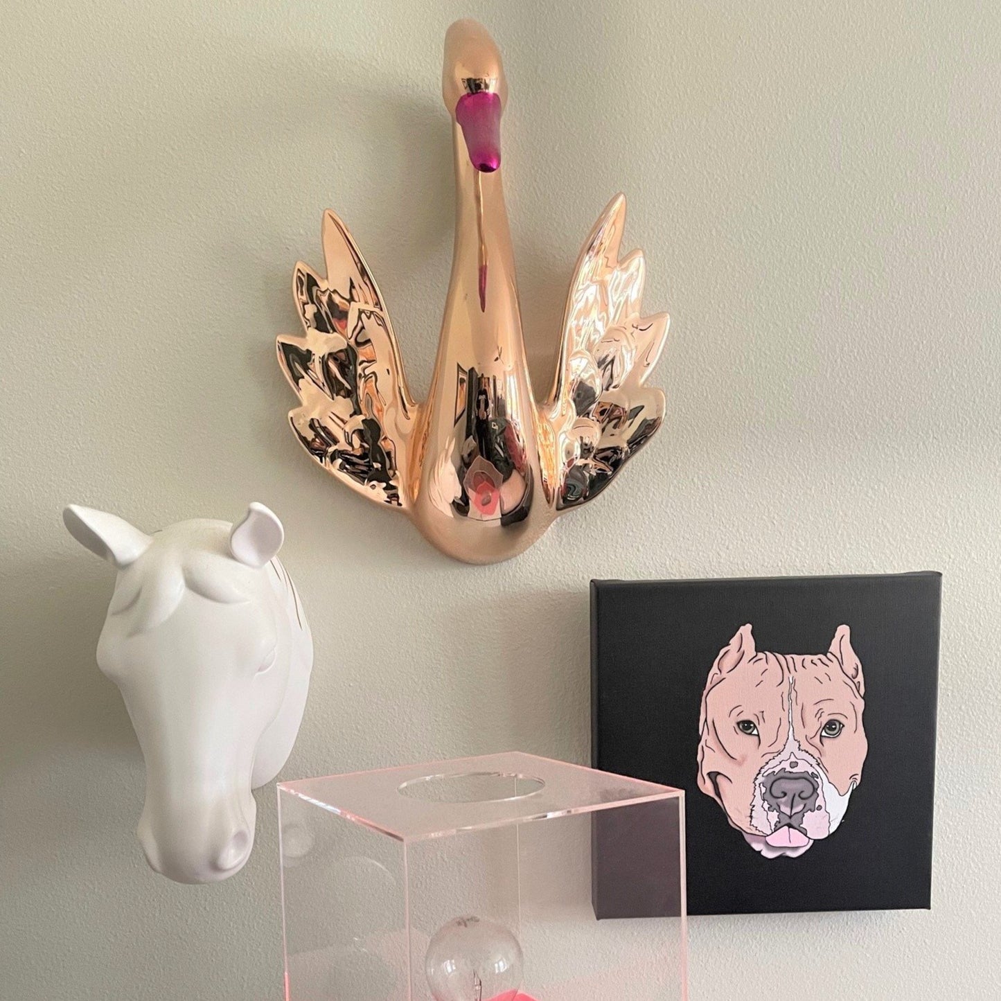 art work of a dog on canvas on wall with golden swan and horse head