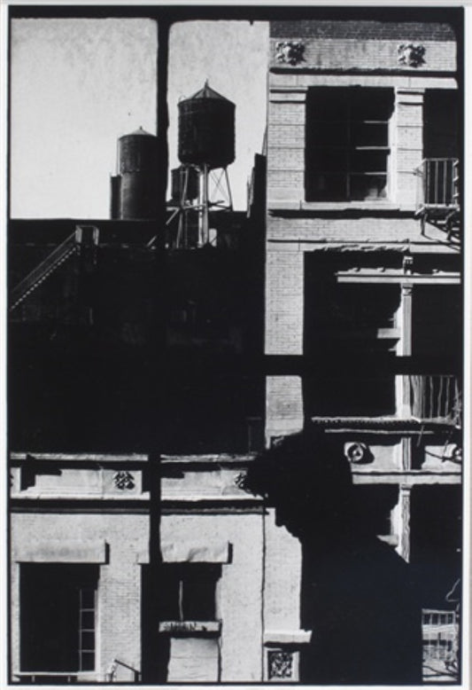 black and white photographic artwork of pop star on roof top in NYC with water tower in background 