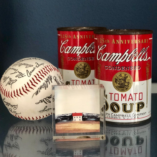small artwork in box with campbells soup cans and signed baseball