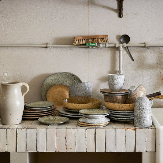 scandinavian farmhouse style kitchen with gradient ceramics stoneware dinner sets