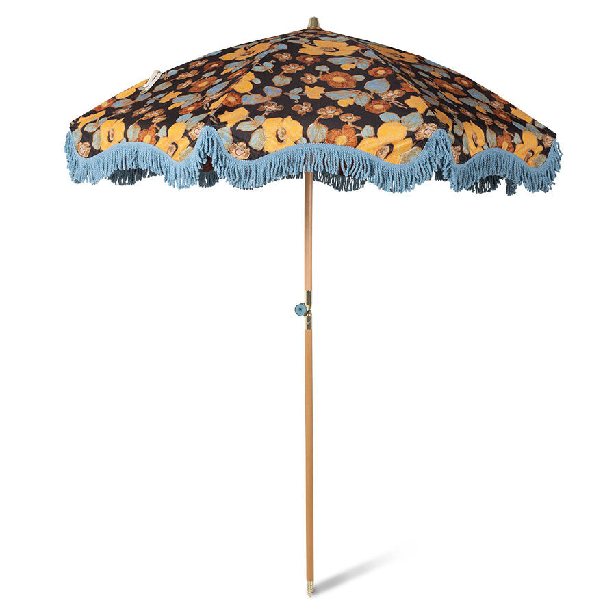 retro style parasol with wooden pole floral design and blue fringes
