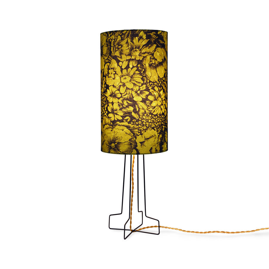 black and yellow floral retro table lamp on metal base