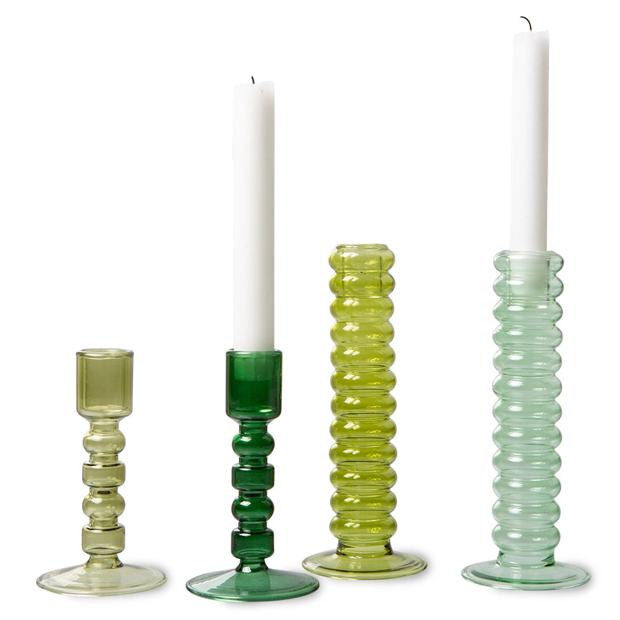 4 green glass candle holders white candles