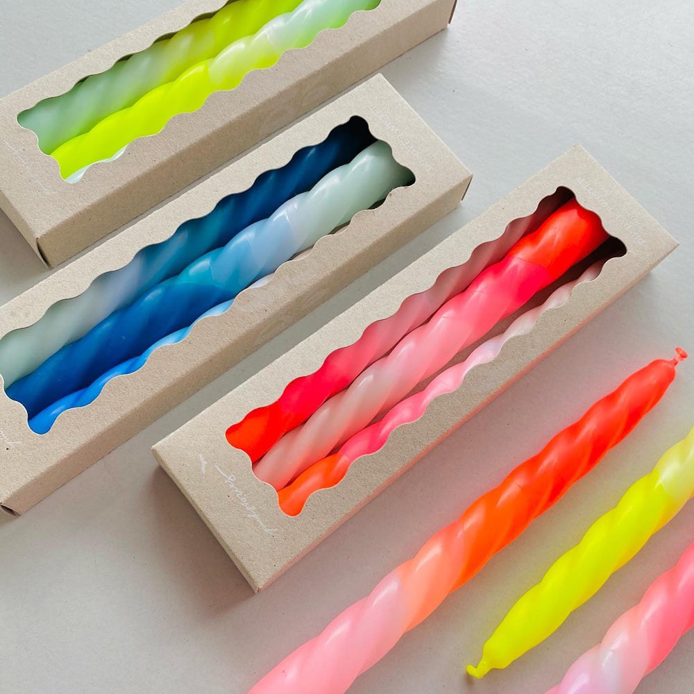 twisted dipped dyed candles in gift wrapping box