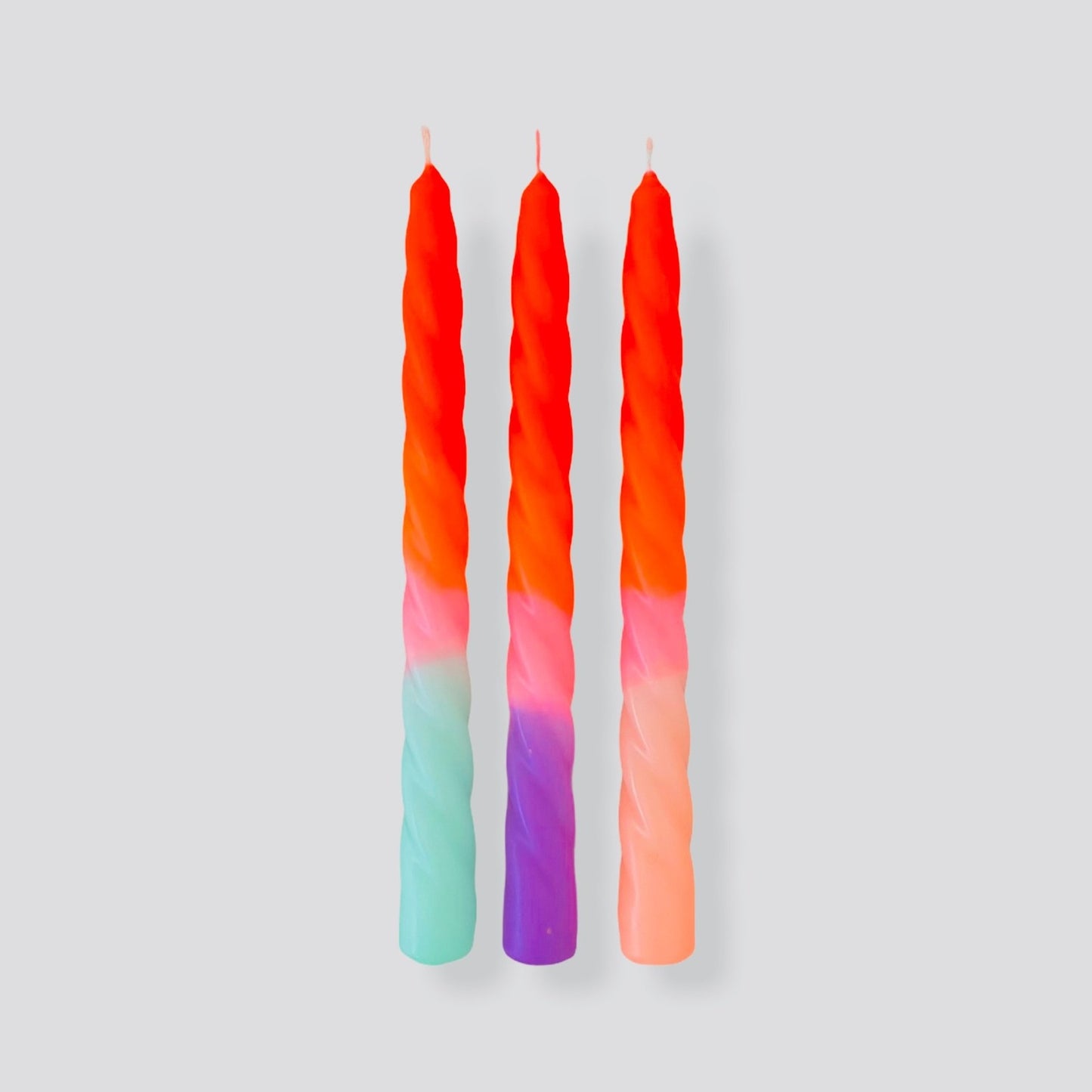 3 dipped dyed twisted candles blue purple pink orange