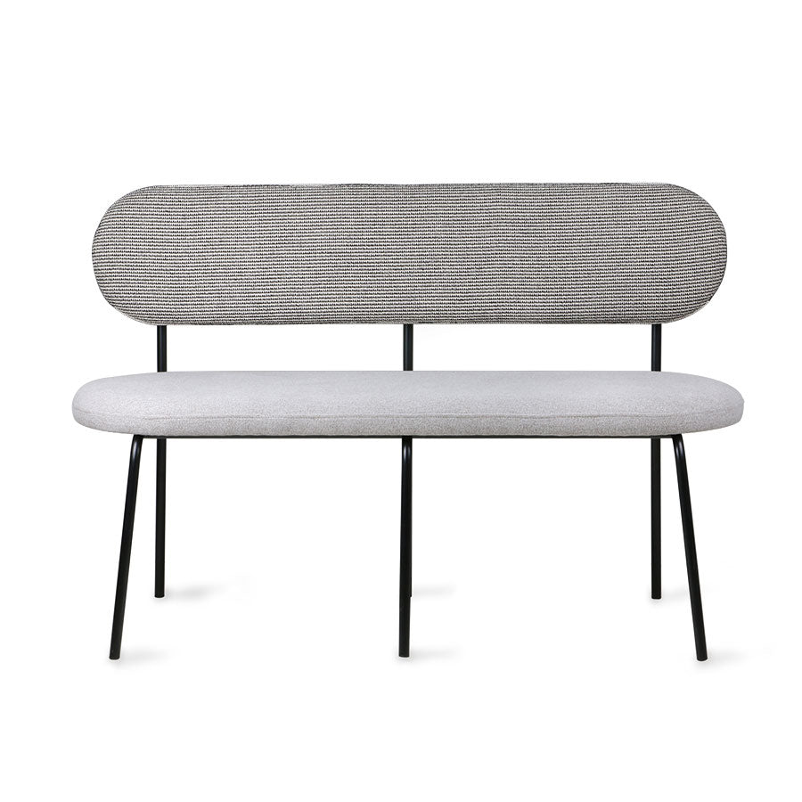 bench with seating and back upholstered with grey fabric