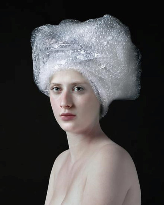 hendrik kerstens bubble wrap woman with bubble wrap on her head