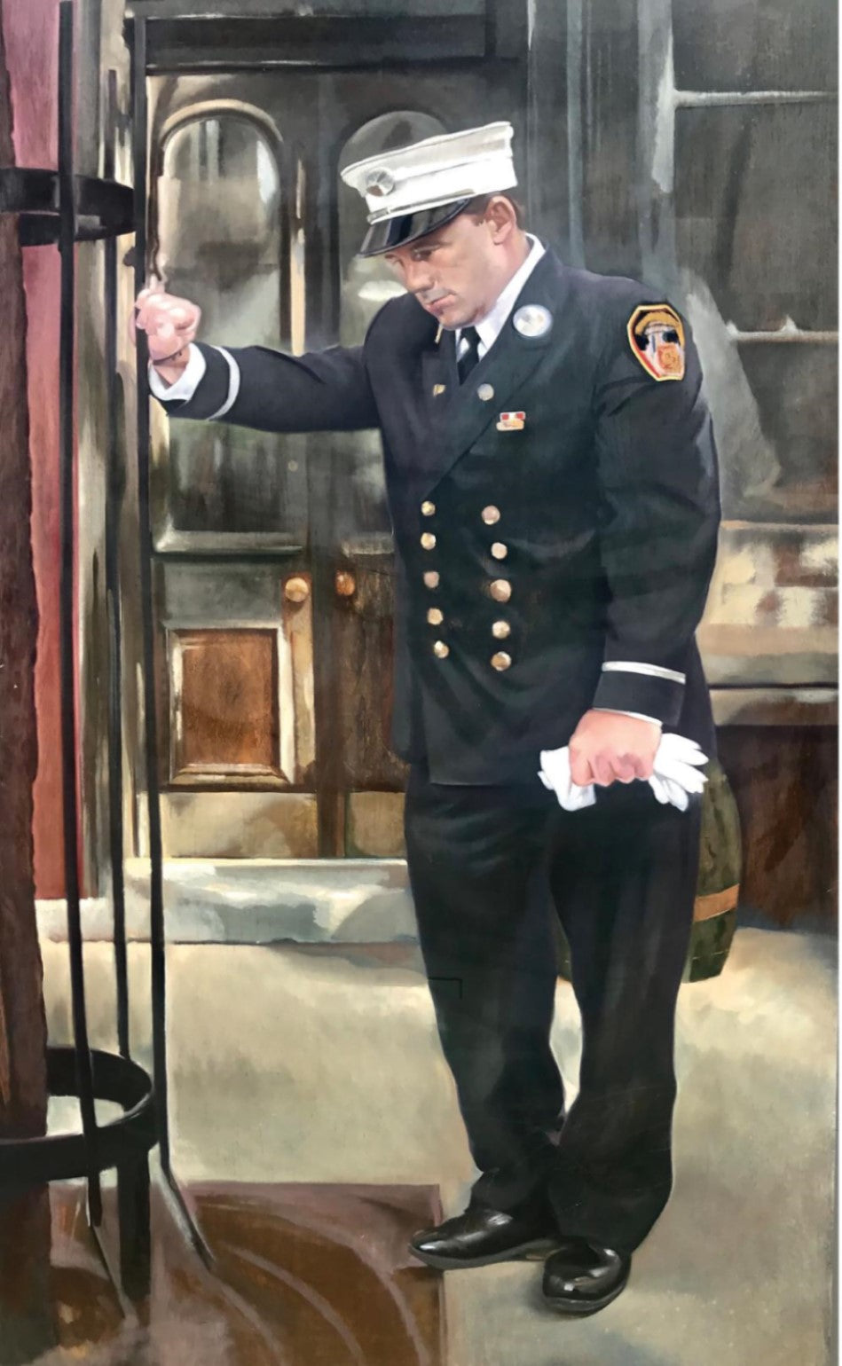 painting of a fireman in front of McSorley's old ale house  NYC in remembrance of 9-11