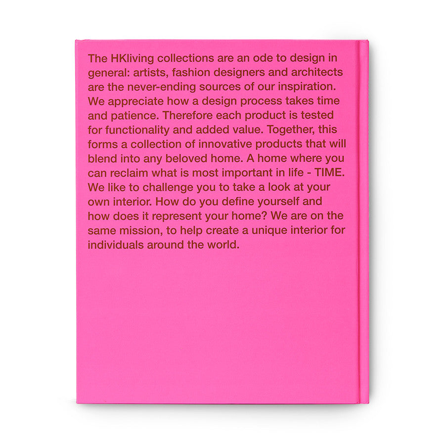 back of hardcover bright pink  HKliving look book